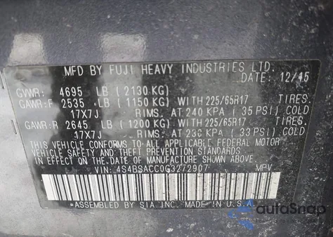 2016 Subaru Outback 2.5I Premium from USA, damaged, VIN 4S4BSACC0G3272907